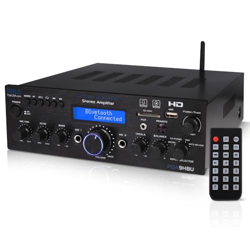 Pyle HiFi Verstärker, 200W Bluetooth Stereo Receiver mit HDMI, USB, UKW, AUX & Mic- Eingang, Mehrkanal mit Fernbedienung, Heim Audiosystem für Wohnzimmer, Partyräume, Musikstreaming