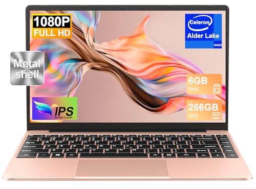 2025 Laptop 14 Zoll Win11 Pro Notebook 6+256GB SSD Unterstützung 1TB 1920x1080P Full Metal Celeron N4020 5G WiFi Mini HDMI & Kabellose Maus Tastaturfolie für Tastatur-Gold