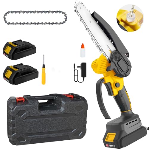 6 Zoll Kettensäge, Akku-Kettensäge, Leichtgewicht mit Akkubetrieb, inklusive 2 Ketten und 2 2,0-Ah-Akkus, mit Sicherheitssperre und bürstenlosem Motor für Baumschnitt und Holzarbeiten