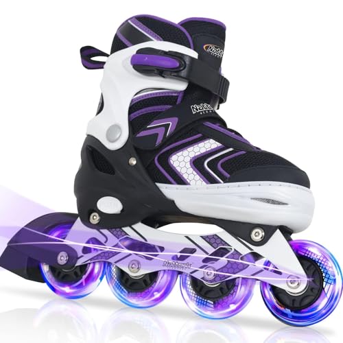 Nattork Inliner für Kinder Verstellbare Inline Skates, 4 Größen Mädchen Inline Roller Skates mit Beleuchteten, Kinder Inliner Mädchen Rollschuhe für Anfänger (Violett, 32-36 EU / 205-230 MM)
