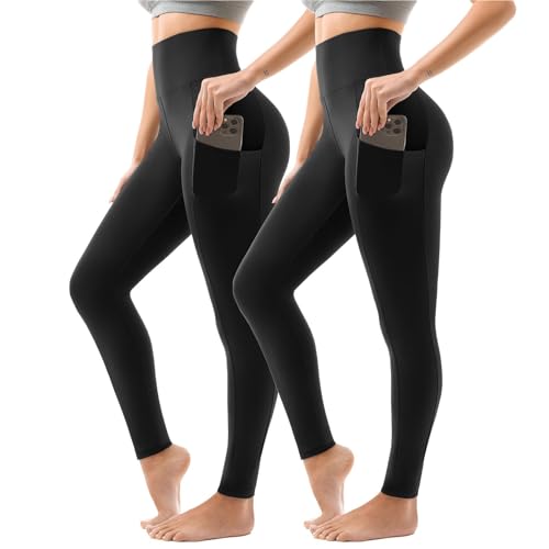 Sanpetix Sport Leggings Damen High Waist, Sporthose Damen Lang Mit Taschen Für Gym Yoga 2er Pack LXL Schwarz