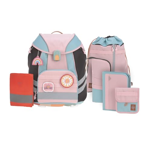 LÄSSIG 7-teiliges Schulranzen Set Kinder/School Set Flexy Unique Rose/Blue/Black