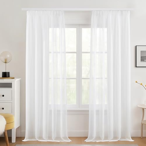 Deconovo Stores Gardinen mit Kräuselband Sheer Voile Vorhang Weiß Vorhänge für Schienen Halbtransparent Gardinenschal für Wohnzimmer Schlafzimmer Dekoschal, H 245 x B 140 cm, 2er Set