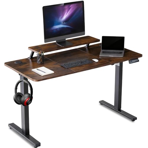 SURFOU Höhenverstellbarer Schreibtisch 120x60 cm, Ergonomischer Steh-Sitz Computertisch, Elektrischer Schreibtisch für Arbeitszimmer, Schlafzimmer, Wohnzimmer, Braun