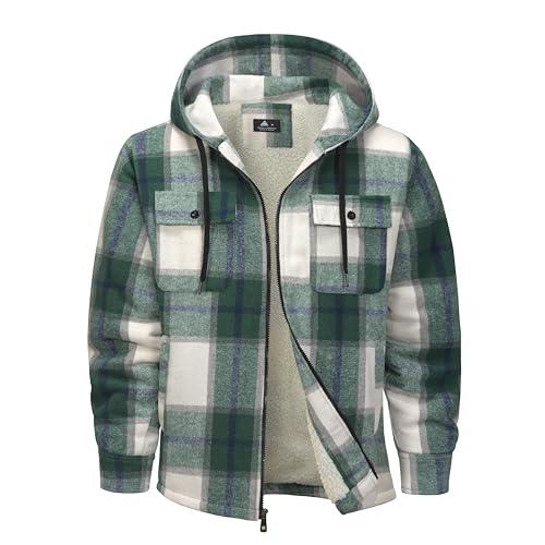 SwissWell Herren Hemdjacke Verdicken Kariertes mit Zipper Flanelljacke Plüschfutter Freizeit Gefüttert Holzfällerhemd Männer Winter Hemd Fleece Hoodie Winterjacke mit Brusttasche(Grün Weiß, XL)
