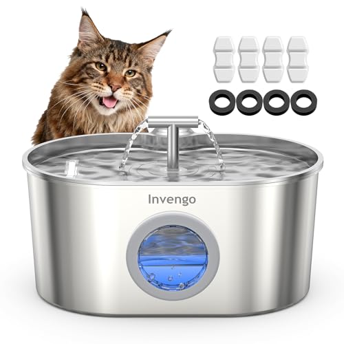 Invengo Katzenbrunnen Edelstahl, Trinkbrunnen für Katze mit 2 Trinkstellen, LED-Anzeige, Wasserstandsanzeige und 5-Fach Filtersystem - Leiser Trinkbrunnen für Katzen und Kleine Hunde, 2.2L