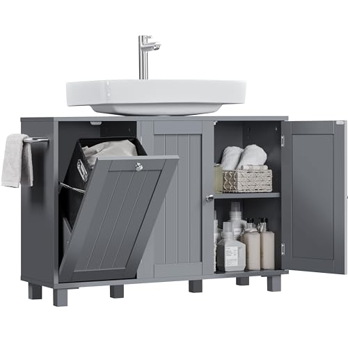 Yaheetech Waschbeckenunterschrank, Unterschrank 3 Türen, Badezimmerschrank mit Wäschekorb, Waschtischunterschrank, Badmöbel, 90 × 30 × 62,5 cm, Dunkelgrau
