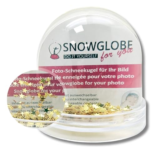 Foto-Schneekugel groß | Inhalt Gold Sterne Glitzersterne | mit 2 x Bild | Sockel transparent | B: 9 cm H: 8 cm | Foto-Geschenk Goldstern Bilderrahmen | 2 Malvorlagen | 50012