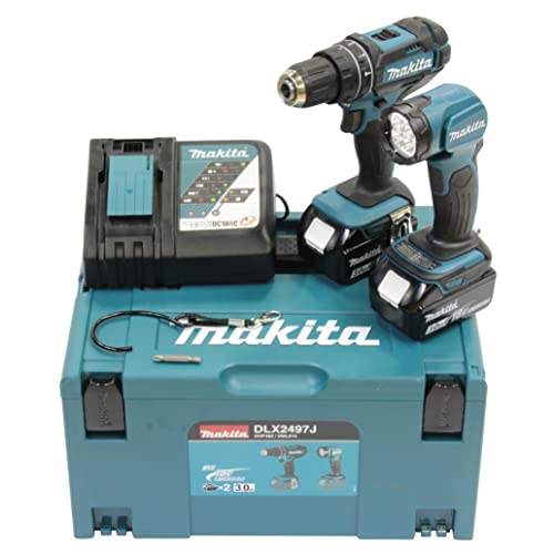 Makita DLX2497J Akku-Kombo-Kit 18V (DHP482 + DML815) / 3, 0 Ah, 2 Akkus Ladegerät im MAKPAC, Schwarz; Petrol