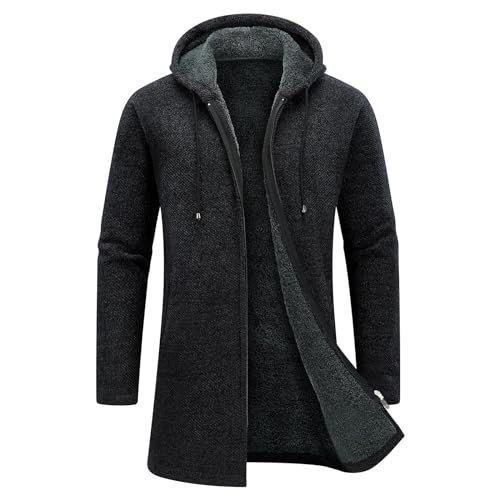 KUDORO Strickjacke Herren Cardigan Lang Trachtenjacke Kapuze mit Kapuze Gestrickt Wintermantel Pullover Hoodie Sweatjacke Feinstrick Winterjacke Fleecejacke(Dunkelgrau,L)