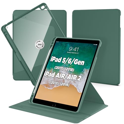 CACOE Rotierende Hülle für iPad 9.7'' (6. /5. Generation 2018 2017)/ iPad Air/iPad Air 2 mit Stifthalter, 360 Grad Drehbare Schutzhülle Acryl, Transparente Rückseite Stoßfest Grenze(Nachtgrün)