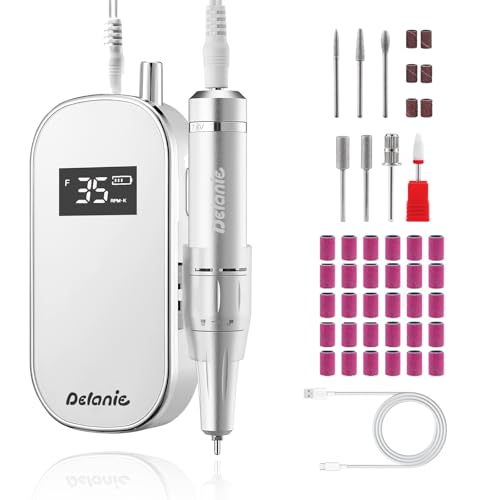 Delanie Elektrischer Nagelfräser 35000 Umdrehung, professioneller Nagelfräser für Gelnägel mit Gürtelclip, wiederaufladbarer Fräser Nägel mit Bits Set für Maniküre & Pediküre