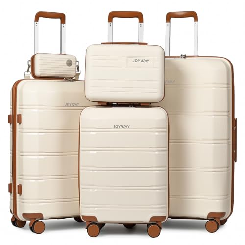 Joyway Kofferset 5tlg Hartschale mit 4 Rollen und TSA-Schloss Der Gepäcksets Enthält 1 Kosmetikkoffer und 1 Tragbare Tasche Weiß/Braun