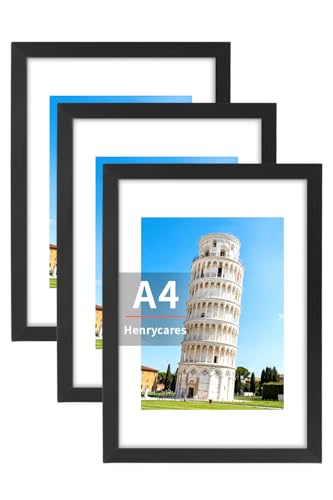 Henrycares 3er Set Bilderrahmen A4, Schwarz Rahmen DIN A4 für 21x29,7 cm, Picture Frame Fotorahmen für Fotos, Bilder, Poster