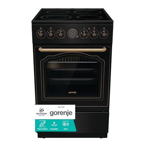 Gorenje Classico GECS 5B70CLB Elektrostandherd mit Glaskeramik-Kochfeld/Retro Design / 50cm / 70 Liter/Gentle Close/Schnellaufheizung/AirFry/ExtraSteam/Pizzamodus/AquaClean/schwarz