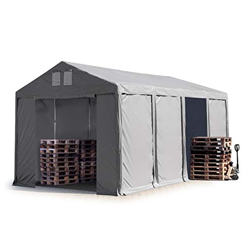 TOOLPORT Lagerzelt Industriezelt 4x8 m Zelthalle mit 3m Seitenhöhe PVC Plane 850 N grau wasserdicht Ganzjahreszelt mit Reißverschlusstor