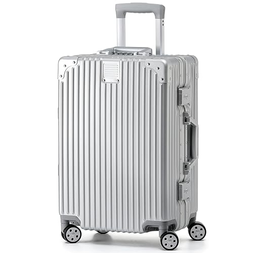 KOFA Geneva Handgepäck Koffer, 55cm Alu-Rahmen & Polycarbonat-Hartschale, Handgepäck Cabin Reisekoffer, Rollkoffer Spinner Carry-on mit 4 Rollen und doppelte TSA Schloss 35L (Silber)