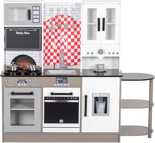 BRINJOY Kinderküche, Holz Kleinkind Küche Set mit Vorhänge, Kaffeemaschine, Aufbewahrungsregal, Herd, Waschbecken, Geschirr, Licht & Klang,Spielen Küche Spielzeug Geschenk für Mädchen Jungen (Weiß)