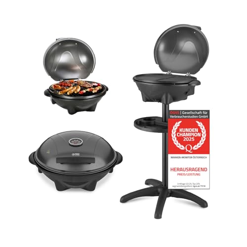 TZS First Austria - Elektrogrill 2 in 1 Tischgrill & Standgrill 2400W - Elektrischer Grill mit Standfuß für Balkon & Terrasse mit Deckel & Ablage - Elektro-Kugelgrill mit Thermometer & Tropfschale