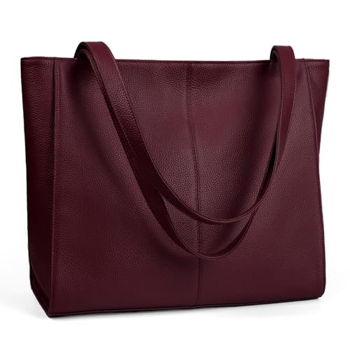 befen Echtleder Handtasche Damen Groß Shopper Tasche mit 14 Zoll Laptopfach, Mode Leder Tote Bag Schule Arbeit Freizeit Henkeltasche mit Reißverschluss,Weinrot