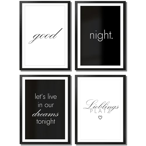 VON STEINEICH® Schlafzimmer Deko Bilder [schwarz weiß] Moderne Wandbilder in DIN A4 - Traumhafte Wand Deko passend zu Aesthetic Deko & Boho Wanddeko (4er Posterset ohne Bilderrahmen)