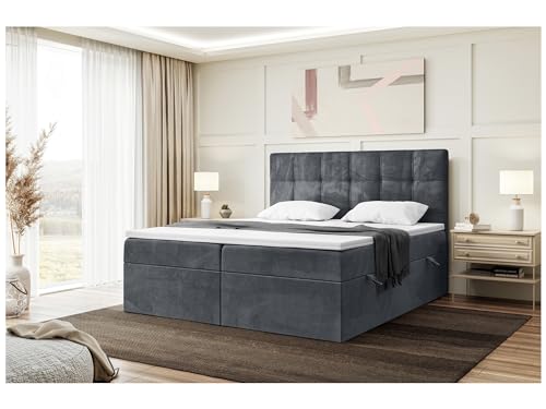 MEBLINI Boxspringbett mit Bettkasten - Gepolstert Doppelbett mit Matratze und Topper - Polsterbett mit Stauraum - Bett mit Kopfteil - Stauraumbett - Kai - 200x220 - H3/Dunkelgrau Samt