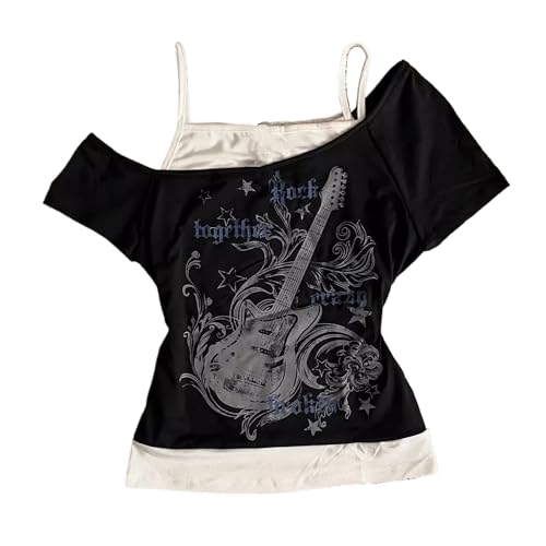 Damen Emo Grunge T-Shirts - Vintage Y2K Fake 2-teiliges Gitarren-Grafik-Baby-T-Shirt Gothic Ästhetik Kurzarm Off-Shoulder Crop-Top Alt Streetwear Punk Sommer Harajuku, Schwarz , S