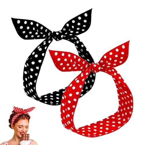 2 Stück Polka Runde Haarband, Rockabilly Accessoires Damen, Rockabilly Haarschmuck, Haarbänder, für Mädchen Und Damen – Bandana Im Retro-Stil Der 50er Jahre, Vintage-Stil(Rot, Schwarz)