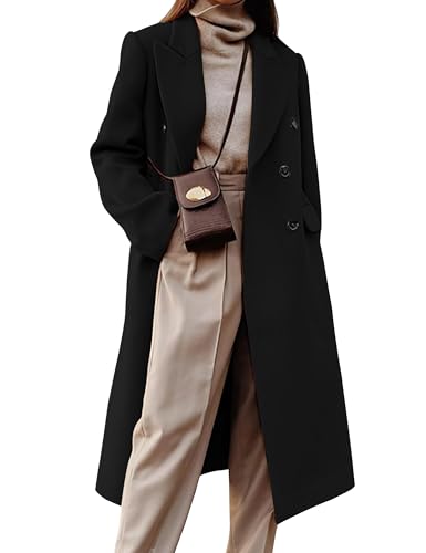 Kinghua Wollmäntel für Damen, Herbst, Winter, Kleid, Erbsenmantel, zweireihig, lang, Trenchcoat, Peacoat, Schwarz, Large