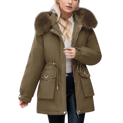 Generisch Winterjacke Damen Wintermantel Einfarbige, mittellange Damen-Kapuzenjacke mit weicher, lockerer Passform an der Taille Feder-Baumwollpolsterung (Coffee, M)
