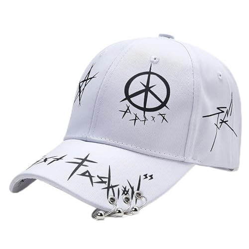 Stylische Hip-Hop Graffiti Baseball Caps für Herren und Damen – Verstellbare Schiebermütze in Weiß & Schwarz（Weiß mit Perlen）