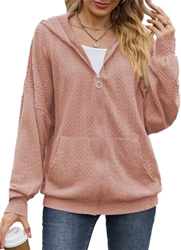 PANOZON Damen Hoodie Sweatjacke Kapuzenpullover Langarm Sweatshirt Kapuzenjacke Cropped Jacke mit Reißverschluss Rosa 2XL