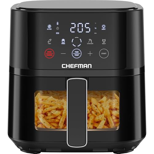 Chefman Heißluftfritteuse - 3,75 l kompakte Heissluftfritteuse für schnelle Mahlzeiten, mit Hi-Fry Technologie, Sichtfenster, Touch Controls, antihaftbeschichtet und spülmaschinenfest - Schwarz