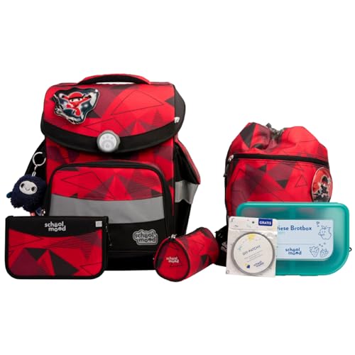 SCHOOL-MOOD Timeless Pro Schulranzenset 7-teilig 23,5L Stauraum, ergonomisches Easy Fit System für 1 m bis 1,50 m Körpergröße, standfest, wasserdichter Stoff mit Reflektoren (Kai Ninja)