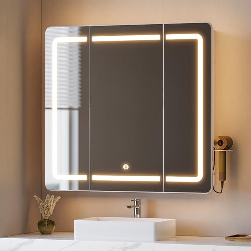 Hzuaneri Spiegelschrank Bad mit LED-Beleuchtung, Badezimmer Spiegelschrank, 3 Farbtemperatur Dimmbare, Badezimmerschrank mit Spiegel und Verstellbarem Regal, 16,5 x 80 x 75 cm Weiß MC30003XEU