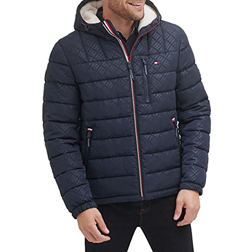 Tommy Hilfiger Herren Midweight Sherpa Lined Hooded Water Resistant Puffer Jacket Mantel, Tommy Logo Tech Navy, XL