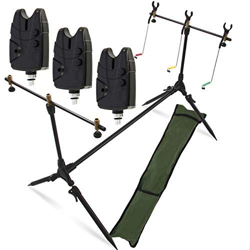 G8DS® Set Rod Pod Rutenhalter + Tragetasche inklusive 3 Bissanzeiger mit Lautstärke- und Tonregler für 9V Block Karpfen Angeln