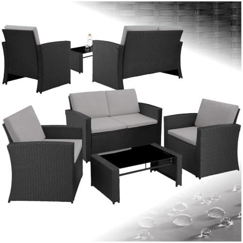 tectake® Lounge Gartenmöbel Set Poly Rattan für den Garten, Möbel für den Balkon, 12-teilige Garten Lounge (wetterfest), Essgruppe mit Outdoor Sofa, Sessel und Tisch für 4 Personen (Schwarz/Grau)
