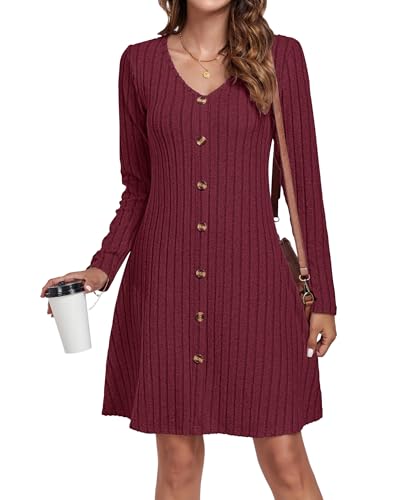 AUSELILY Herbstkleid Damen Strickkleid Dekorative KnöPfe Leichte Langarm Kleid Herbst Winter V-Ausschnitt A Linien Pulloverkleid Winterkleid Elegant Weinrot 2XL