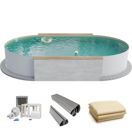 Fresh-Pool Profi Stahlwandpool Set oval, 525x320x120 cm, Stahl 0,6 mm weiß, Folie 0,8 mm Sand, Einhängebiese
