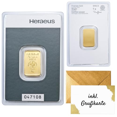 Gold zum Verschenken – Goldbarren 5g Heraeus - inkl. Geschenkverpackung, Grußkarte und Echtheitsgarantie
