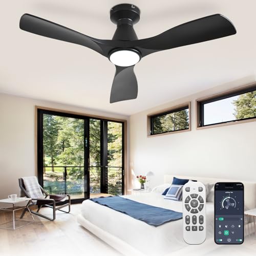 Depuley 42-Zoll-Deckenventilatoren mit Licht: Schwarz 3 Flügel Flush Mount Low Deckenventilator für Schlafzimmer - Dimmbarer Innenventilator mit APP-Fernbedienung Ultraleiser DC-Motor Zeitschaltuhr