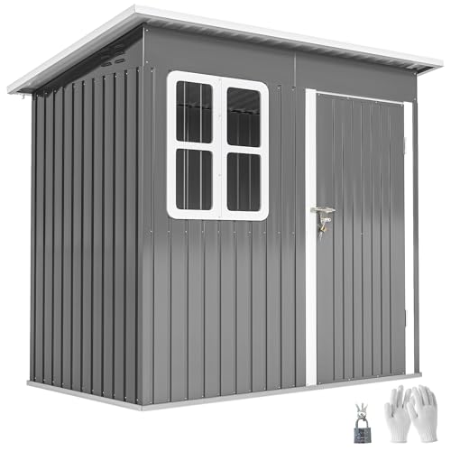 Outsunny Gerätehaus 2,55m², Gartenhaus mit Pultdach, 221 x 133 x 190/173 cm, Geräteschuppen mit Abschließbar Tür, Fenster, Fahrradgarage, Gartenschrank aus Stahl, für Hinterhof, Garten, Dunkelgrau