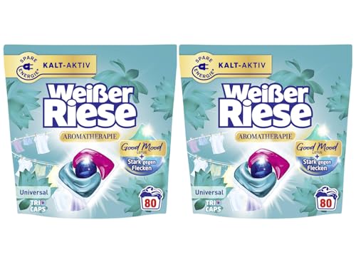 Weißer Riese Universal Trio-Caps Aromatherapie Lotus 2x 80 WL (160 Waschladungen), Waschmittel mit Good Mood-Duft für unwiderstehlich duftende & strahlend saubere Wäsche, 100% recycelbar