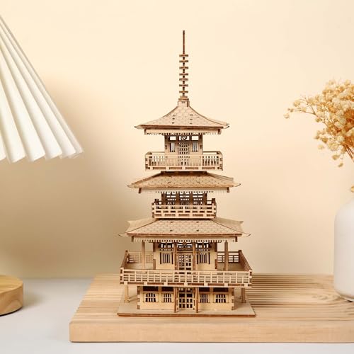 Hallisun 3D Holzpuzzle für Erwachsene, vierstöckiger Pagoden Modellbausatz Holz, Selbstmontage Modellbausatz für japanische Tempel, DIY 3D Puzzle Pavillons Bauen Basteln Geburtstagsgeschenk 196 Teile