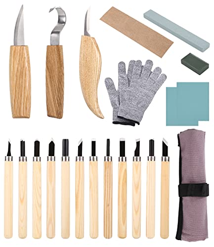 JOFLVA Holz Schnitzwerkzeug Set, 22 Stücke Schnitzwerkzeug Für Holz, Holzschnitzerei Messer Werkzeuge Ideales Schnitzmesser Set FüR Anfänger Und, DIY Schnitzset Mit Handschuhe.