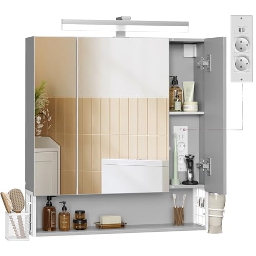 VASAGLE Spiegelschrank Bad mit Beleuchtung, 16,5 x 70 x 75 cm, Steckdosen, Hängekorb, Haartrockner-Halter, Spiegelschrank, Badschrank, Wandschrank, für Badezimmer, wolkenweiß-Taubengrau BBK126G01