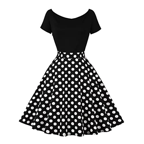Rockabilly Kleider Damen Vintage Gepunktet Schulterfrei Kurzarm A-Linie Partykleid 50er Jahre Retro Schwingen Kleid Faltenrock Festliches Cocktailkleid Midi Abendkleid Elegant f?r Hochzeit Schwarz XL