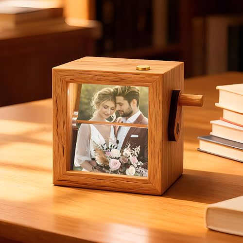 HOVCEH Personalisierter Foto Flipbook Rahmen, Handkurbel Flipbook mit Licht, Fotorahmen für Mehrere Fotos, Foto Flipbook Box aus Holz, Fotogeschenke Personalisiert, Foto Geschenk für Paare, Familie