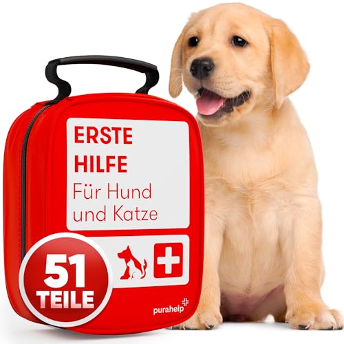 PURAHELP® Erste Hilfe Set für Hund & Katze [51 TEILE] - Erste Hilfe Verbandstasche mit Zeckenzange, Pinzette & Mehr - Notfallset für Hunde & Katzen - Hundeapotheke Set - First Aid Emergency Kit Dog